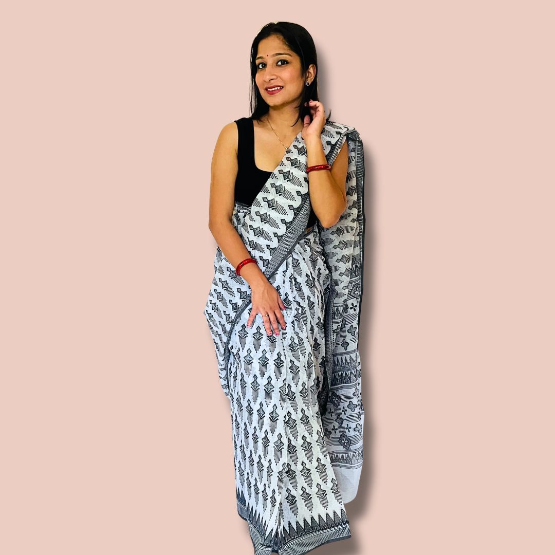Elegant White & Black Printed Cotton Saree