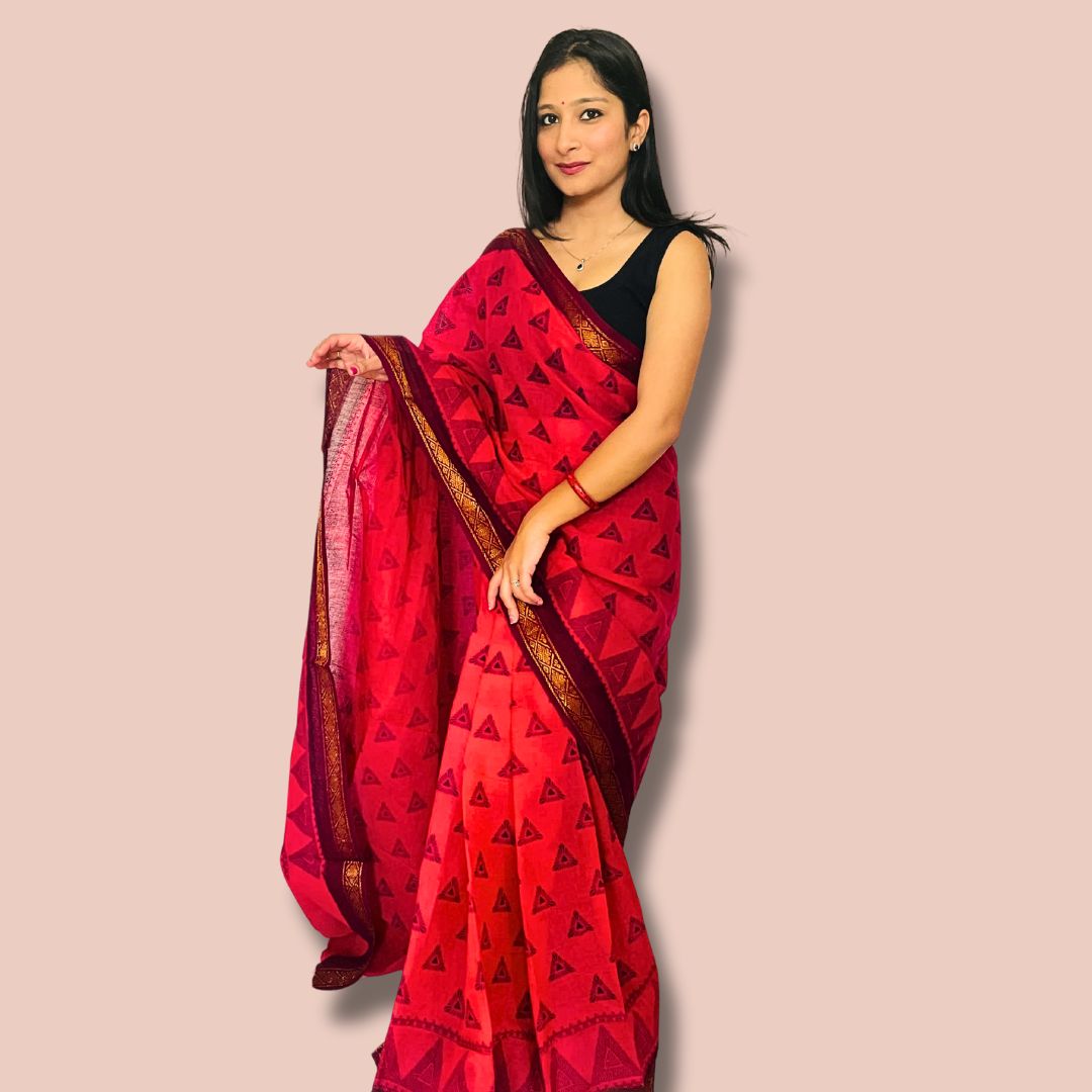 Elegant Red Cotton Saree with Golden Border