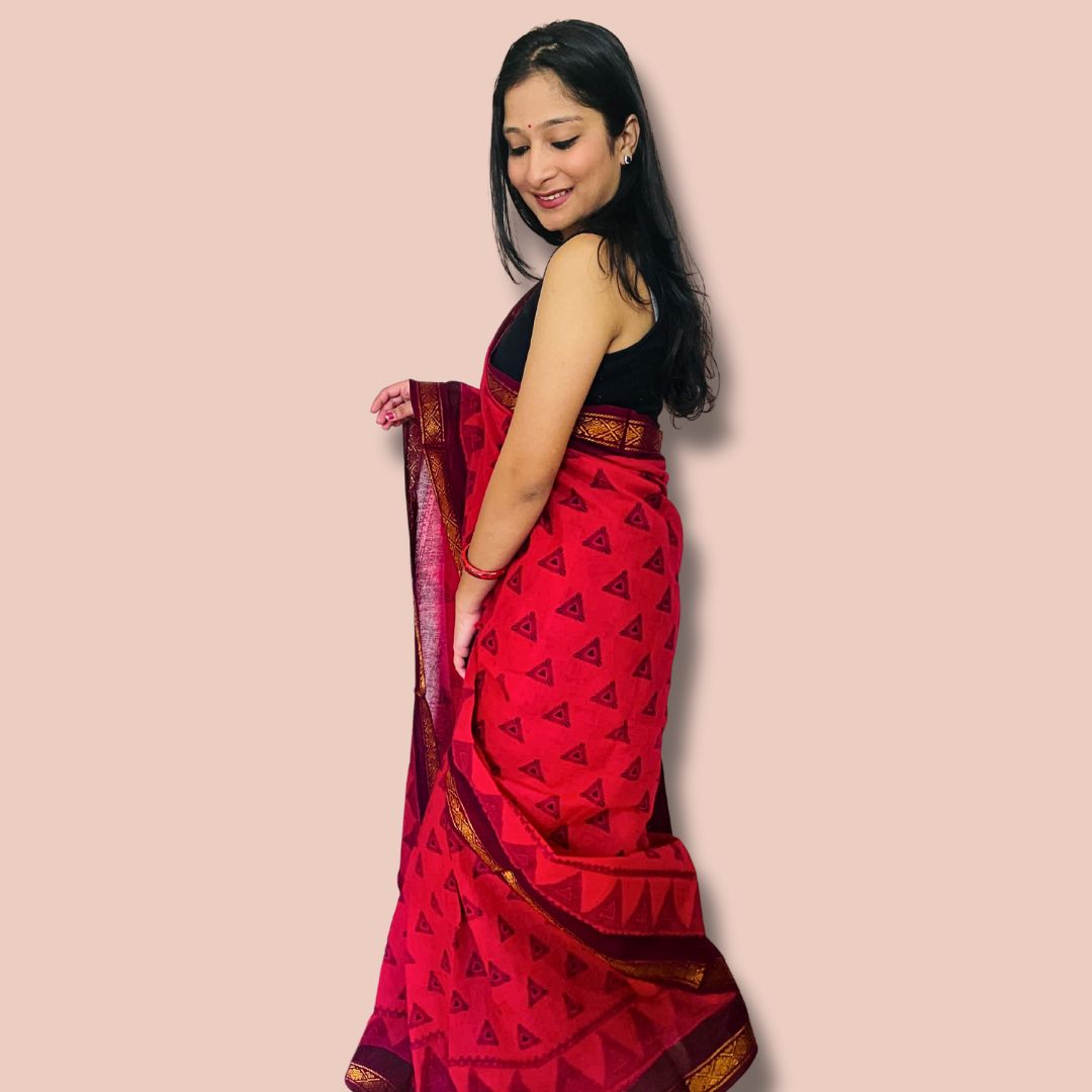 Elegant Red Cotton Saree with Golden Border