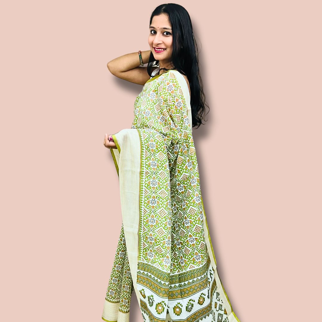 Elegant White & Green Cotton Printed Saree – Traditional Ethnic Wear