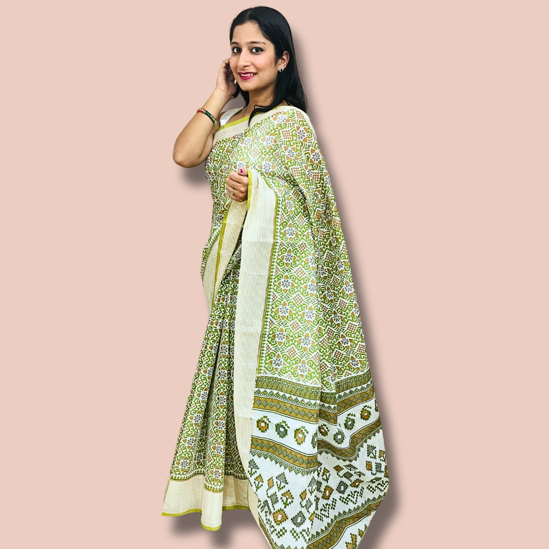 Elegant White & Green Cotton Printed Saree – Traditional Ethnic Wear