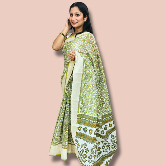 Elegant White & Green Cotton Printed Saree – Traditional Ethnic Wear