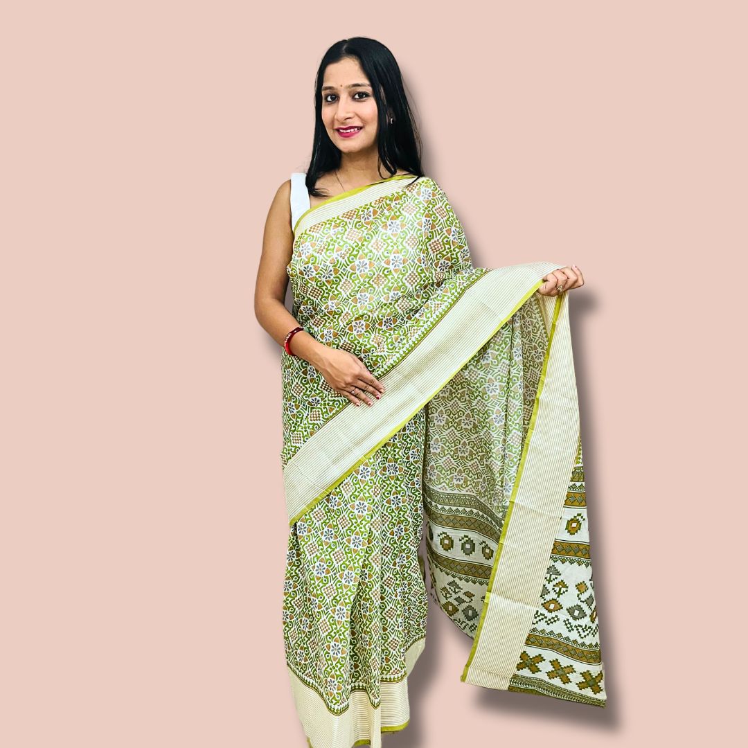 Elegant White & Green Cotton Printed Saree – Traditional Ethnic Wear