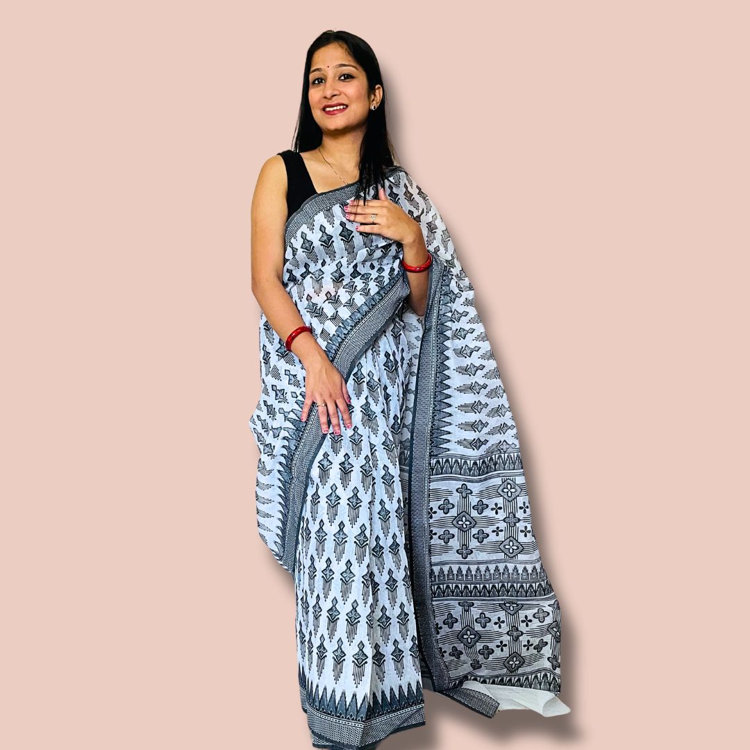 Elegant White & Black Printed Cotton Saree