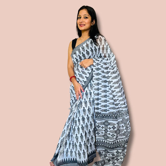 Elegant White & Black Printed Cotton Saree