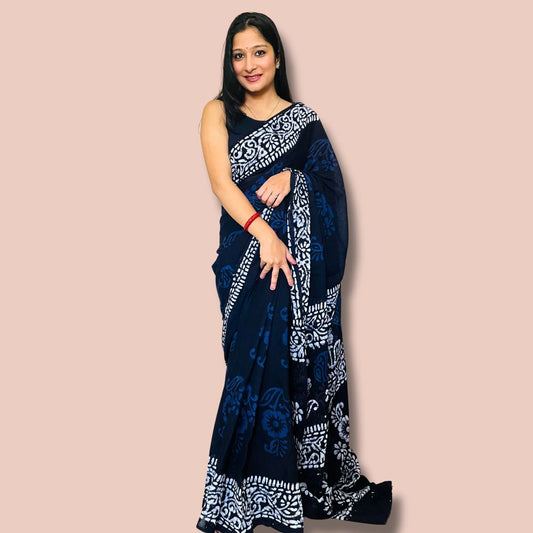 Elegant Navy Blue & White Cotton Printed Saree – Soft & Comfortable