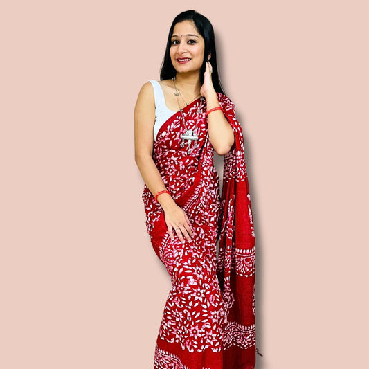 Red & White Handcrafted Cotton Bandhani Saree
