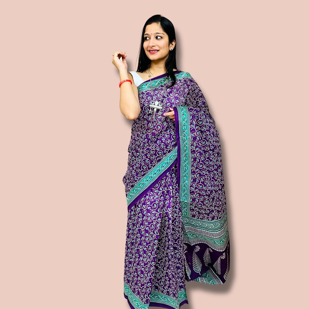 Elegant Purple & Green Handblock Printed Cotton Saree