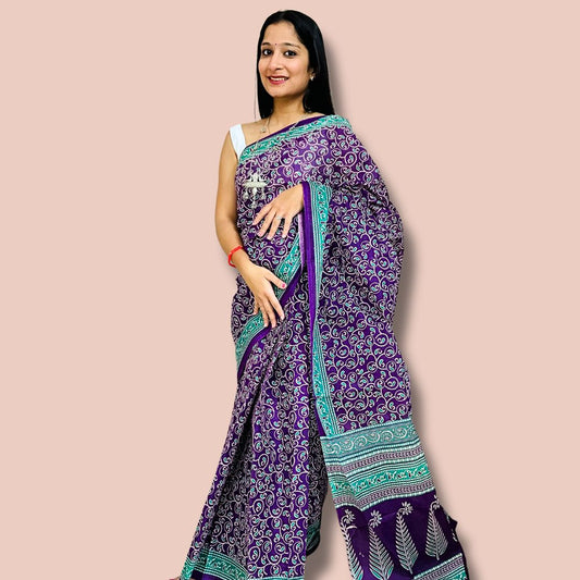 Elegant Purple & Green Handblock Printed Cotton Saree