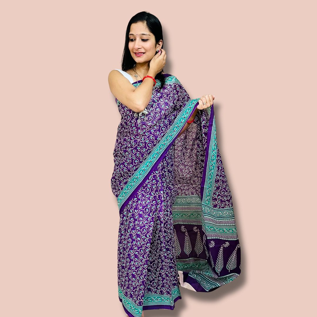 Elegant Purple & Green Handblock Printed Cotton Saree