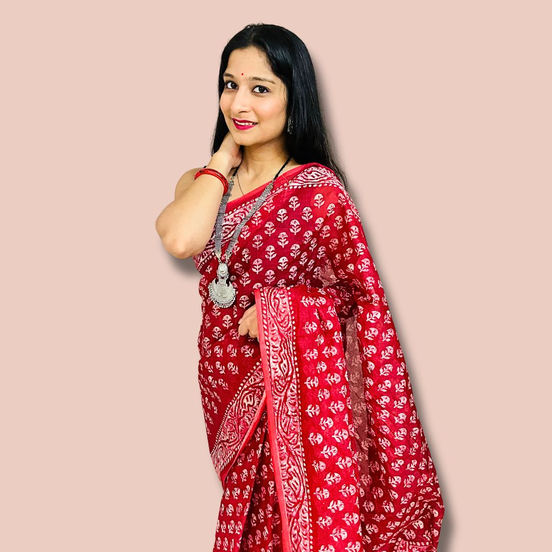 Elegant Red Handblock Printed Cotton Saree