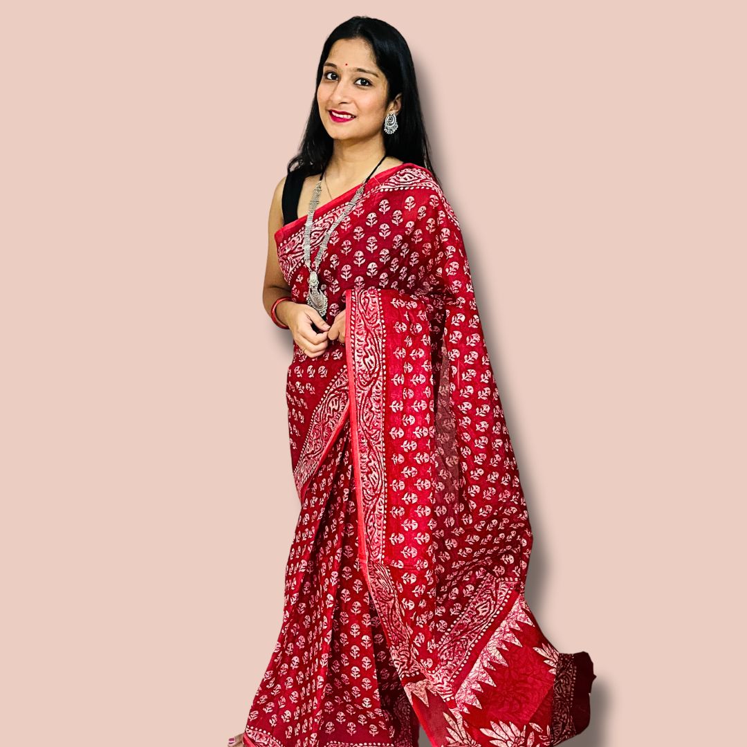 Elegant Red Handblock Printed Cotton Saree