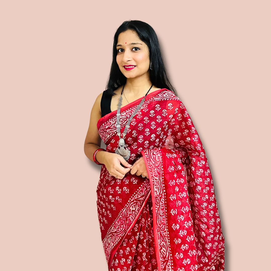 Elegant Red Handblock Printed Cotton Saree
