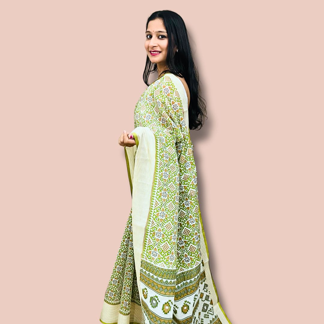 Elegant White & Green Cotton Printed Saree – Traditional Ethnic Wear