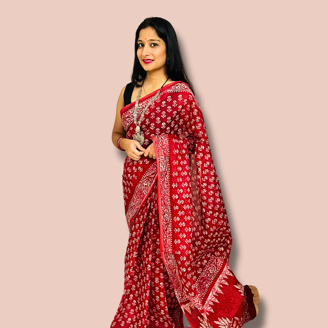 Elegant Red Handblock Printed Cotton Saree