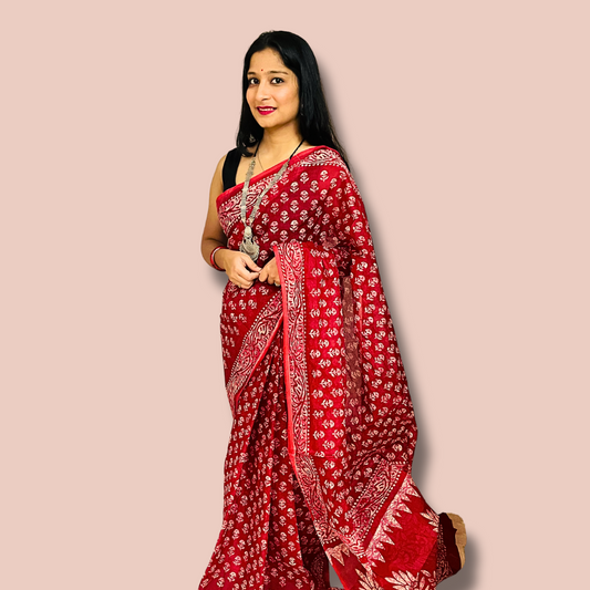 Elegant Red Handblock Printed Cotton Saree